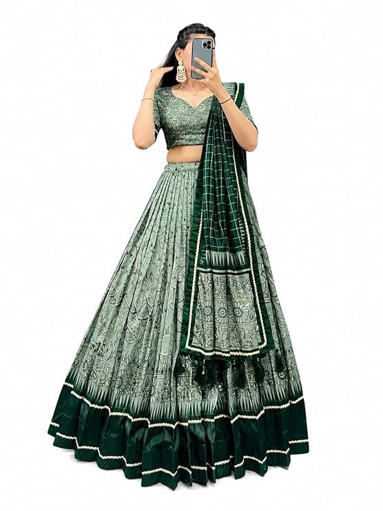 Women’s Dola Silk Lehenga Choli with Dupatta Digital Print Flared Stitched Lehenga for Navratri Wedding Traditional Ethnic Chaniya Choli for Women Muster Gold