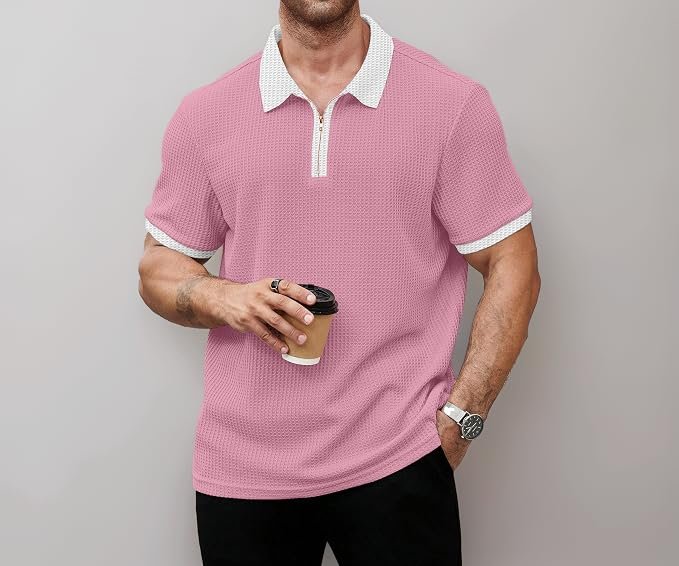 KAJARU Men's Waffle Knit Polo T-Shirt, Short Sleeve, Zip Collar with White Trim (POLO-8034)
