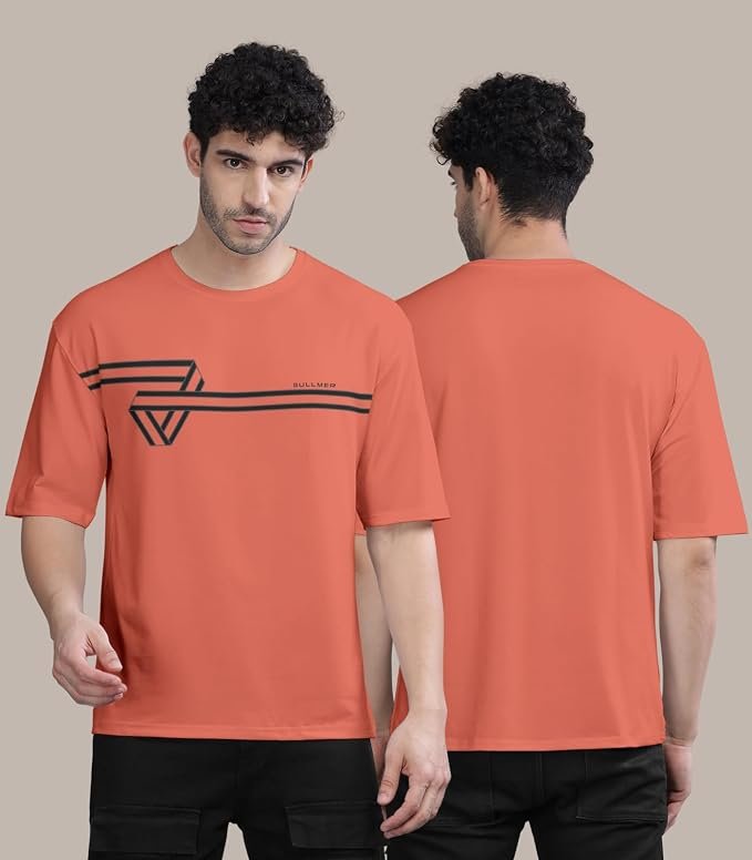 BULLMER Black Trendy Front and Back Printed oversized Round Neck T-shirt for