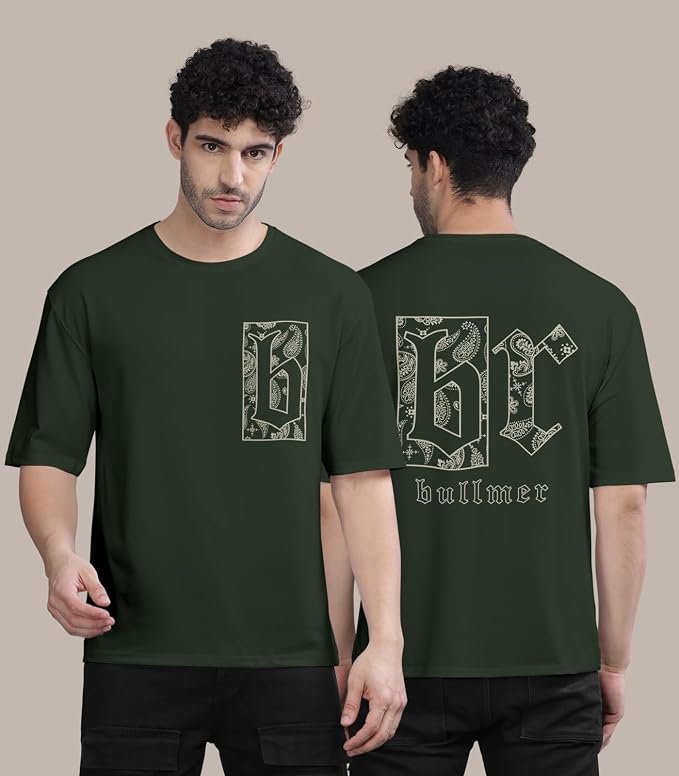 BULLMER Black Trendy Front and Back Printed oversized Round Neck T-shirt for men