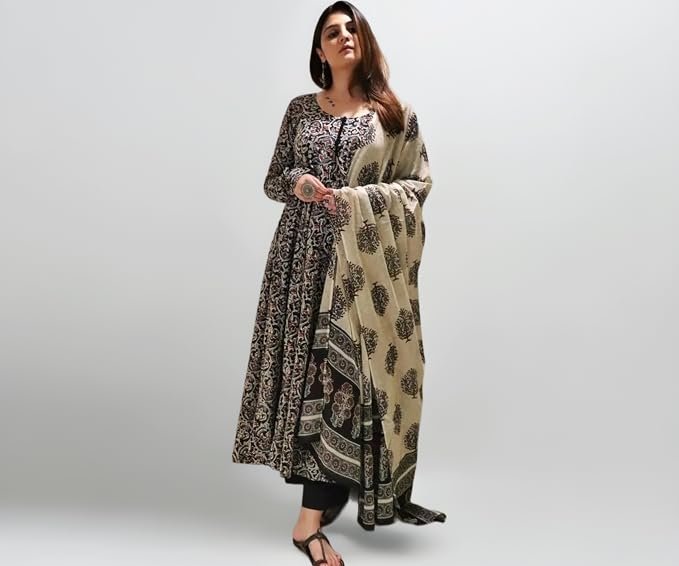 Nermosa Women Printed Anarkali Kurta and Pant Set with Dupatta | Printed Kurta Set | Women Kurta Sets