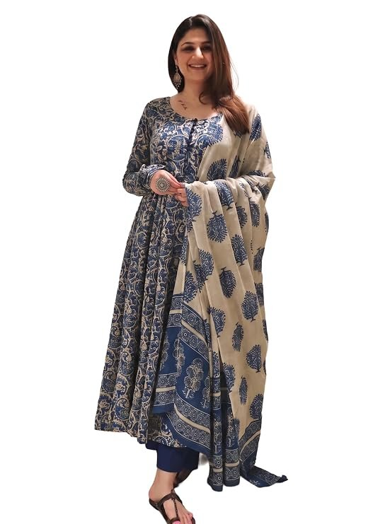 Nermosa Women Printed Anarkali Kurta and Pant Set with Dupatta | Printed Kurta Set | Women Kurta Sets