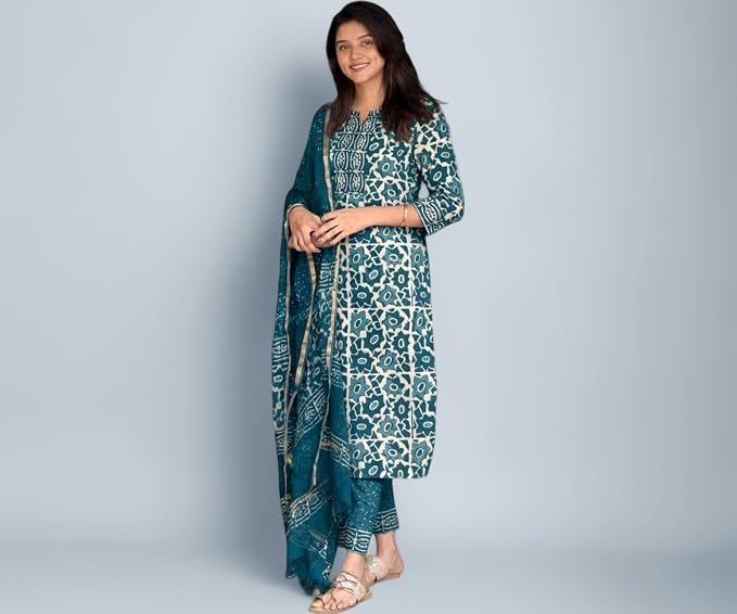 KLOSIA Women's Printed Straight Kurta and Pant with Dupatta Set