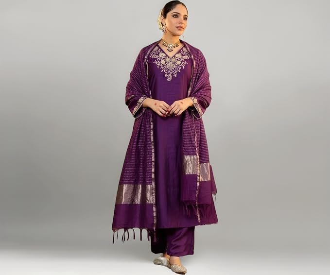 Klosia Women Embroidery Solid Straight Kurta and Pant Set with Dupatta