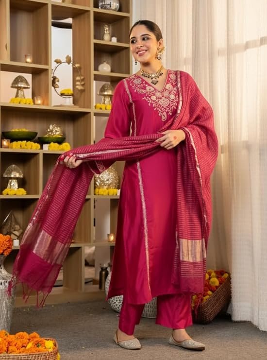 Klosia Women Embroidery Solid Straight Kurta and Pant Set with Dupatta