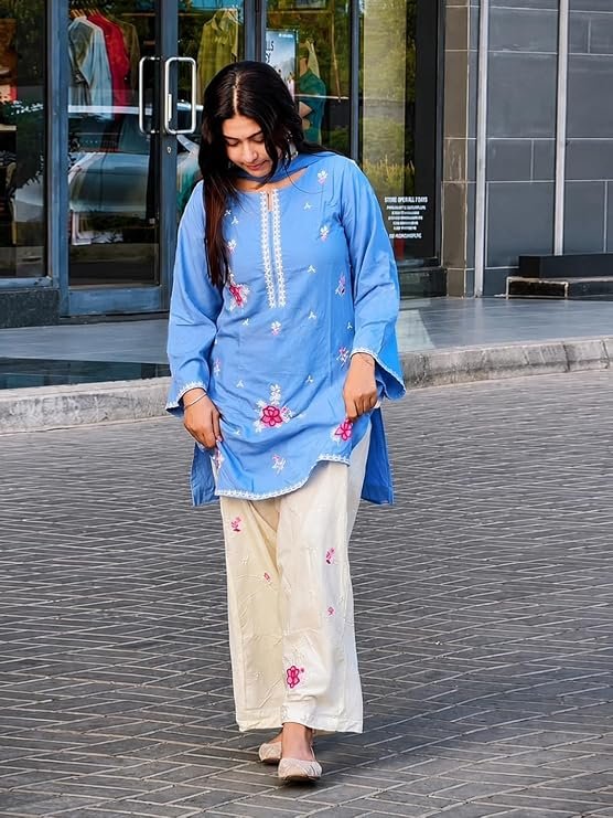 ANNI DESIGNER Farshi Salwar Suit for Women | Cotton Blend Embroidered Straight Kurta with Dupatta | Farsi Farasi Parsi Salwar Suit Indian Office Party Wedding Clothing Fashion 3 Piece