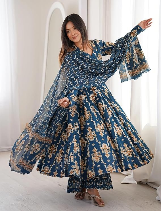 Nermosa Women's Printed Anarkali Kurta Set with Dupatta