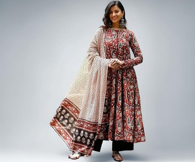 Nermosa Women Printed Anarkali Kurta and Pant Set with Dupatta