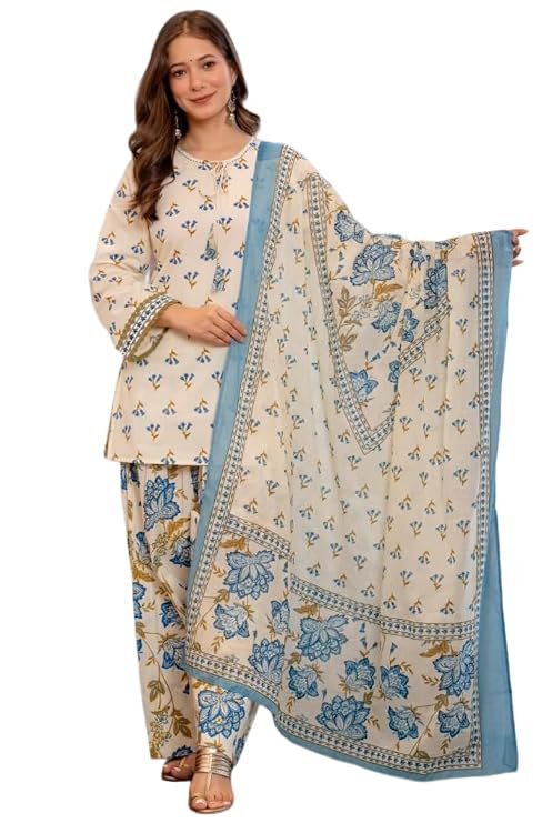 KLOSIA Women’s Floral Printed Farshi Salwar Suit Set with Dupatta | Straight Kurta, Wide-Leg Salwar&Dupatta | Traditional Ethnic Wear Set | Kurta Sets for Women