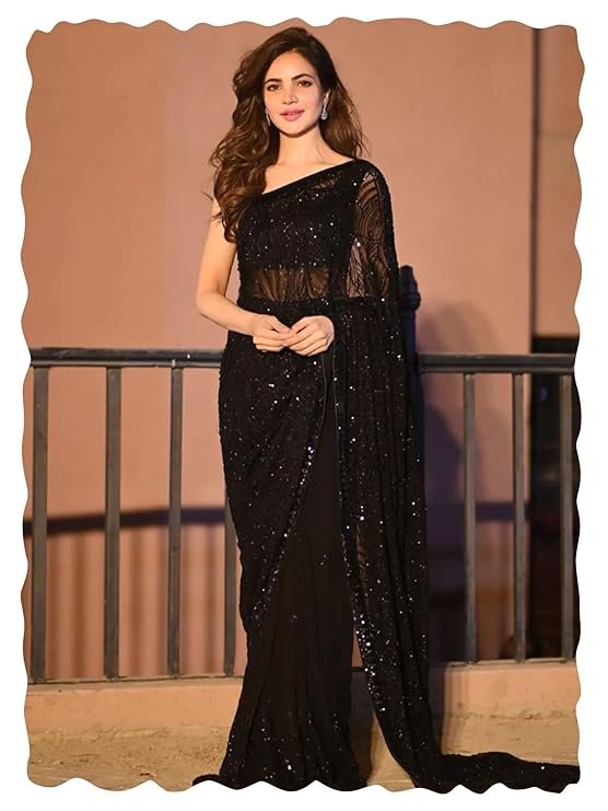 AKHILAM Women's Heavy Georgette Sequence Work Saree With Unstitched Blouse Piece