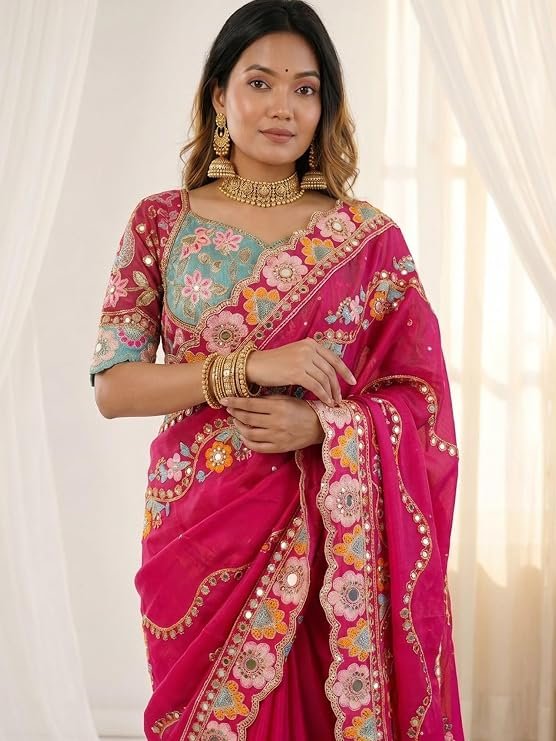AKHILAM Women's Pure Georgette Embroidered Saree With Unstitched Blouse Piece
