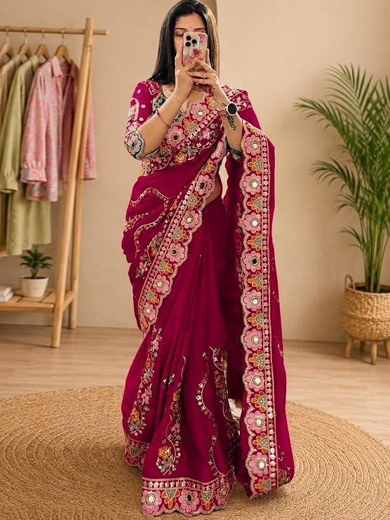AKHILAM Women's Pure Georgette Saree, Heavy Zari Embroidery, Mirror & Sequin Work, Cutwork Border, Pink, with Blouse Piece