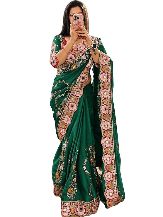 AKHILAM Women's Pure Georgette Saree, Heavy Zari Embroidery, Mirror & Sequin Work, Cutwork Border, Pink, with Blouse Piece