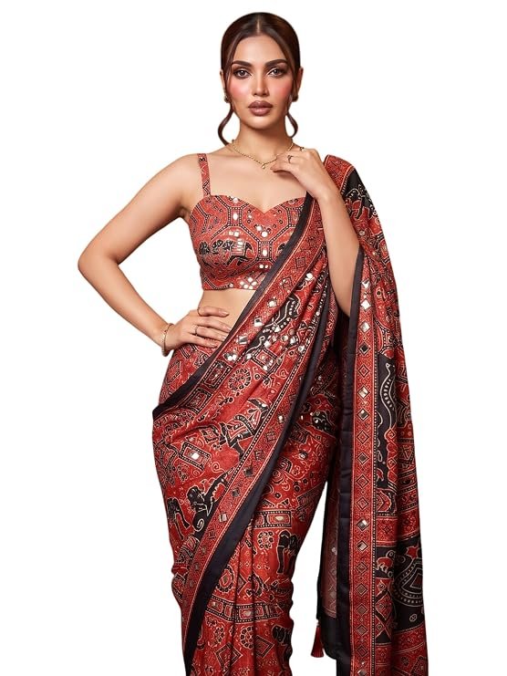 Flosive Women’s Ajrakh Satin Viscose Silk Printed Saree with Original Mirror Work, Designer Ethnic Saree with Decorative Border & Rich Pallu, Unstitched Blouse Piece