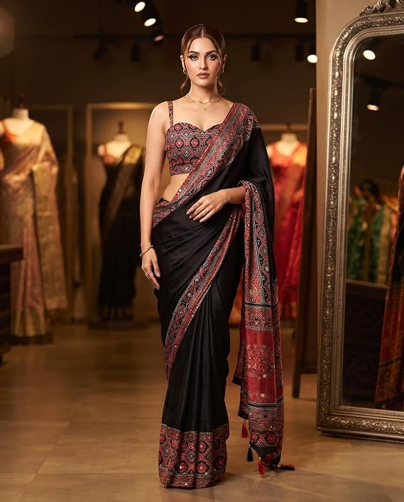 Flosive Women’s Ajrakh Satin Viscose Silk Printed Saree with Original Mirror Work, Designer Ethnic Saree with Decorative Border & Rich Pallu, Unstitched Blouse Piece