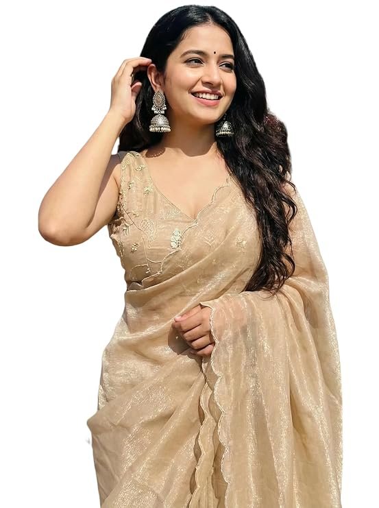 Women's Saree with Embroidered Blouse Piece Sequin Embroidery, Scalloped Border, Bird Motif Design, Includes Blouse Piece