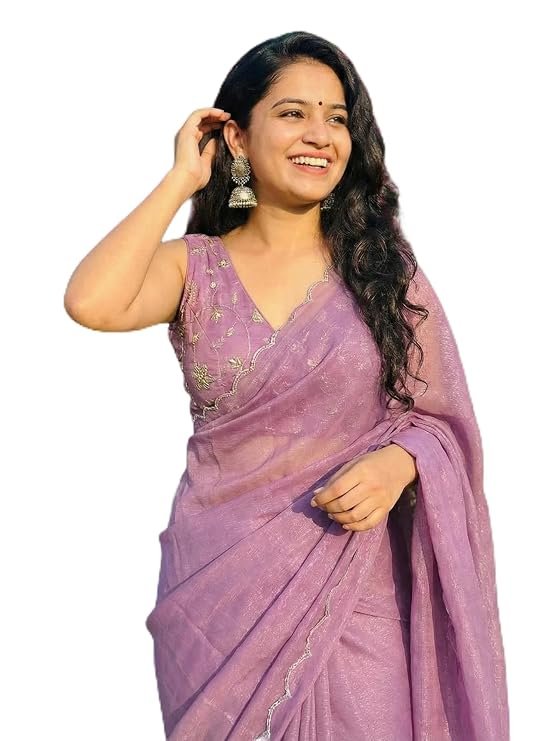Women's Saree with Embroidered Blouse Piece Sequin Embroidery, Scalloped Border, Bird Motif Design, Includes Blouse Piece