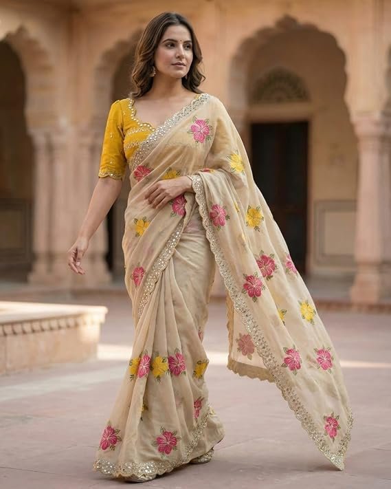 Yashika Women's Nylon Organza Saree with Blouse Piece for Traditional Ethnic Wear Sari