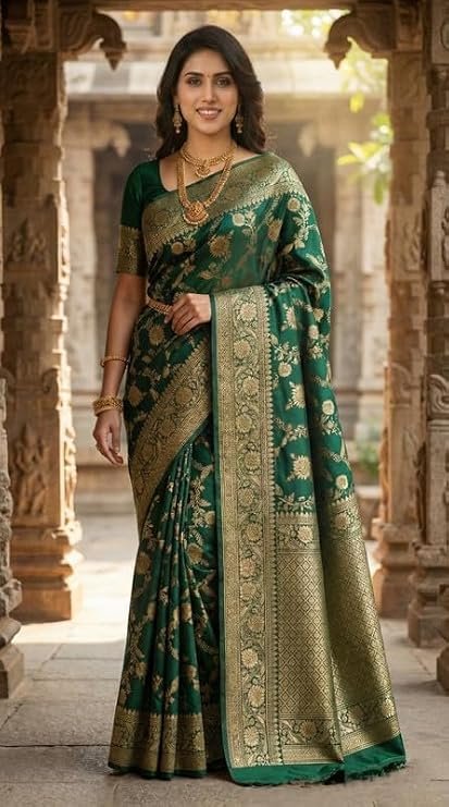C J Enterprise Women's Pure Soft Silk Saree With Blouse Piece For Wedding (Veil)