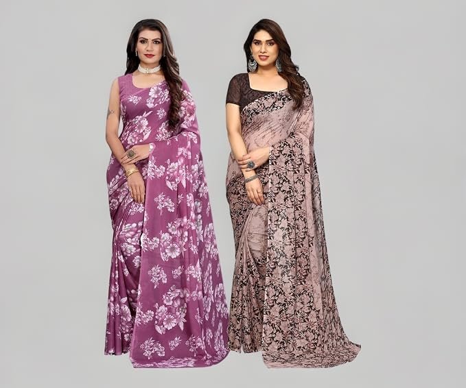 SIRIL Women's Georgette Printed Saree With Unstitched Blouse Piece Combo Pack Of 2