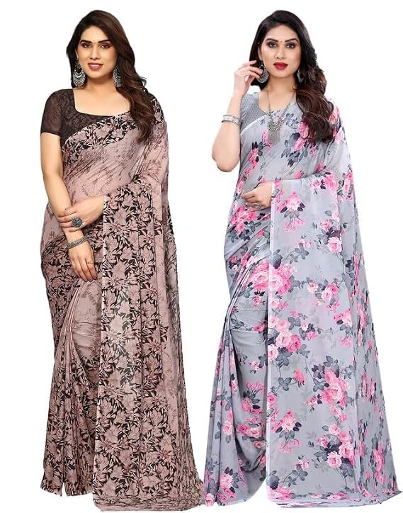 SIRIL Women's Georgette Printed Saree With Unstitched Blouse Piece Combo Pack Of 2
