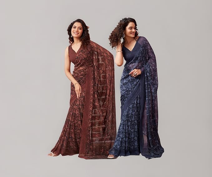 SIRIL Women's Georgette Printed Saree With Unstitched Blouse Piece Combo Pack Of 2