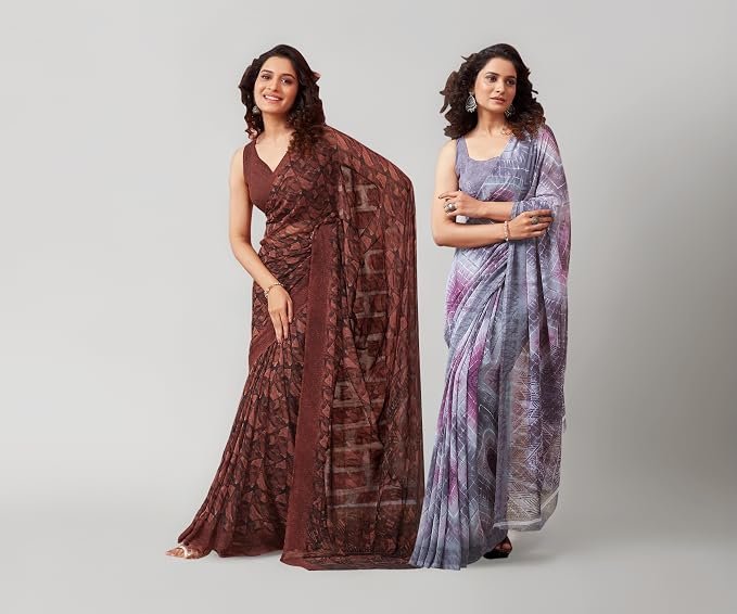SIRIL Women's Georgette Printed Saree With Unstitched Blouse Piece Combo Pack Of 2