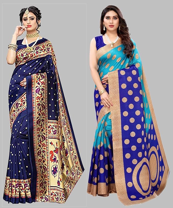 Yashika Women's Combo Art Silk Printed Saree With Blouse Piece Pack Of 2(MATWALI NAVY-KORA BLUE)