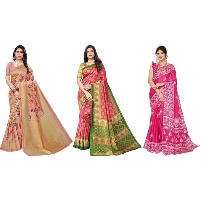 Yashika Women's Sarees Women's Combo Art Silk Printed Saree With Unstitched Blouse Piece |saree for Women | saree combo | New Sari | Latest Saree_Pack Of 3