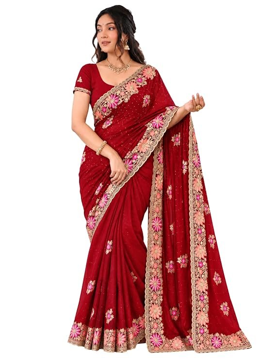 Women's Silk Saree with Heavy Floral Embroidered Border and Unstitched Blouse Piece for Womem