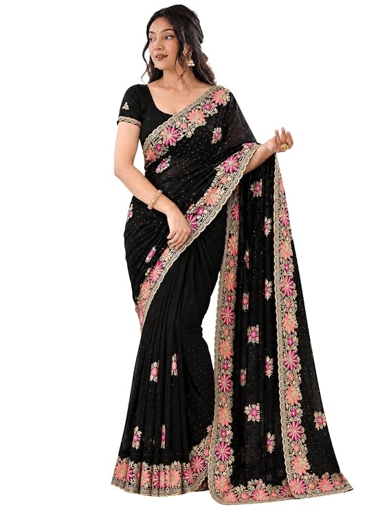 Women's Silk Saree with Heavy Floral Embroidered Border and Unstitched Blouse Piece for Women