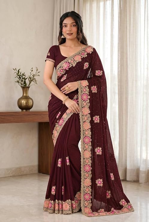Women's Silk Saree with Heavy Floral Embroidered Border and Unstitched Blouse Piece for Women