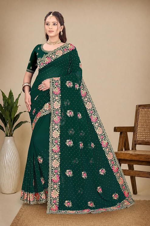 Women's Silk Saree with Heavy Floral Embroidered Border and Unstitched Blouse Piece for Women