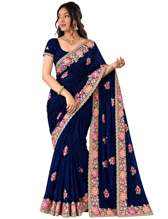 Women's Silk Saree with Heavy Floral Embroidered Border and Unstitched Blouse Piece for Women