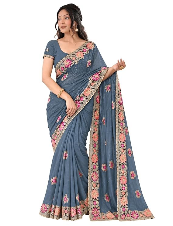 Women's Silk Saree with Heavy Floral Embroidered Border and Unstitched Blouse Piece for Women