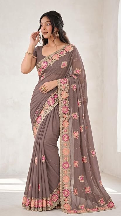 Women's Silk Saree with Heavy Floral Embroidered Border and Unstitched Blouse Piece for Women