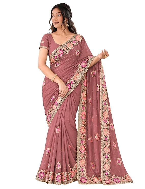 Women's Silk Saree with Heavy Floral Embroidered Border and Unstitched Blouse Piece for Women