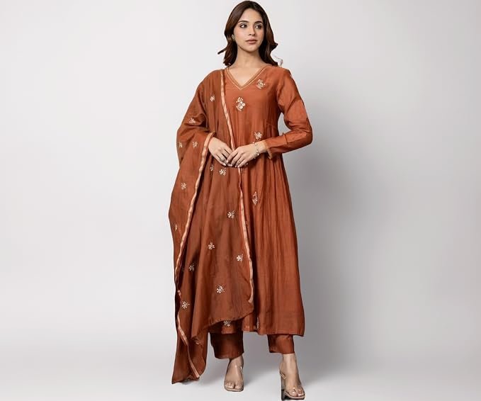 KLOSIA Women Embroidery Solid Anarkali Kurta and Pant Set with Dupatta