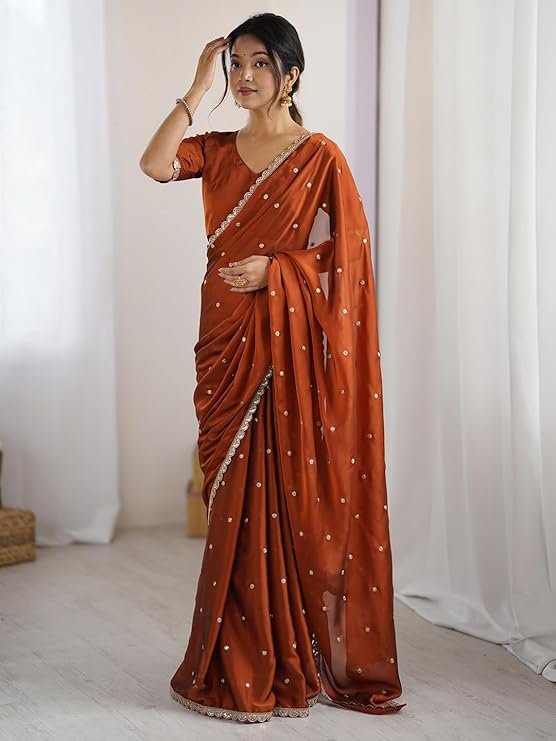 AKHILAM Women's Pure Georgette Embroidered Saree With Unstitched Blouse Piece