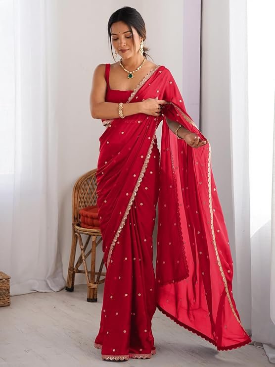 AKHILAM Women's Pure Georgette Embroidered Saree With Unstitched Blouse Piece