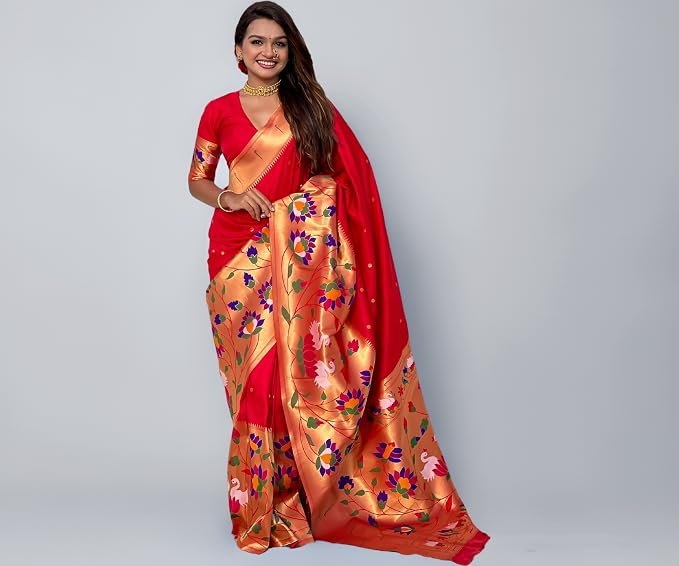 SGF11 Women's Kanjivaram Paithani Pure Soft Silk Saree With Blouse Piece (Red)
