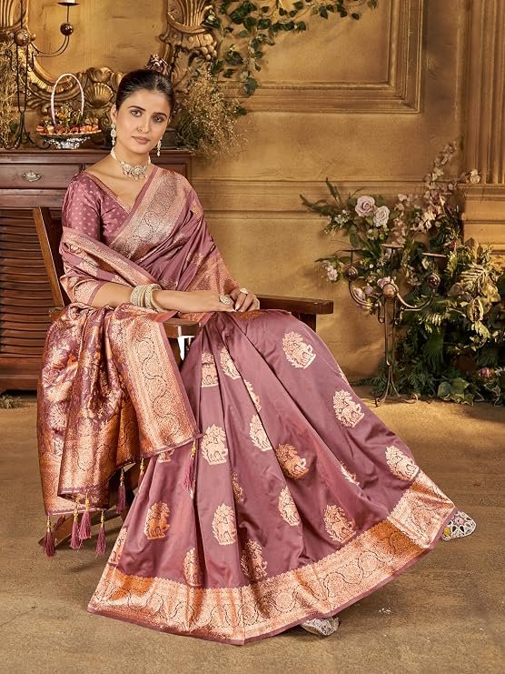 Mehrang Women's Banarasi Silk Kanjivaram Saree For Wedding With Pure Zari Work, Woven Design, With Unstitched Blouse Piece