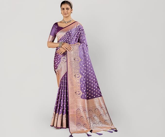Mehrang Women's Banarasi Silk Kanjivaram Saree For Wedding With Pure Zari Work, Woven Design, With Unstitched Blouse Piece