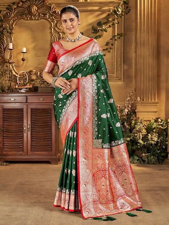 Mehrang Women's Banarasi Silk Kanjivaram Saree For Wedding With Pure Zari Work, Woven Design, With Unstitched Blouse Piece