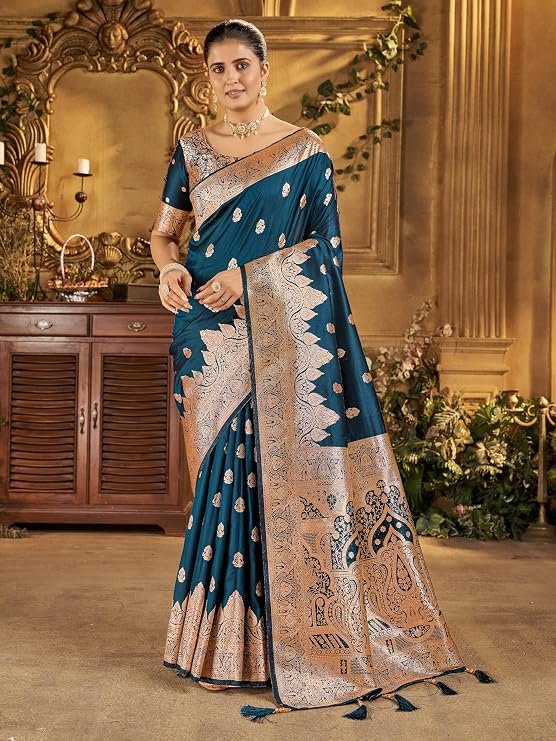 Mehrang Women's Banarasi Silk Kanjivaram Saree For Wedding With Pure Zari Work, Woven Design, With Unstitched Blouse Piece
