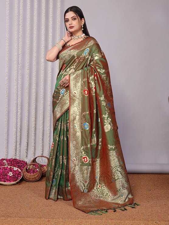 SWORNOF Womens Kanjivaram Banarasi Silk Saree Patola saree with Unstitched blouse piece