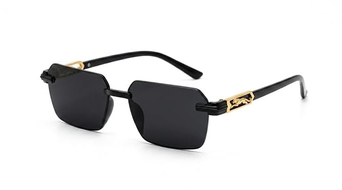 Rimless Rectangle Sunglasses, Black Lenses with Gold Panther Detail, Stylish Unisex Eyewear
