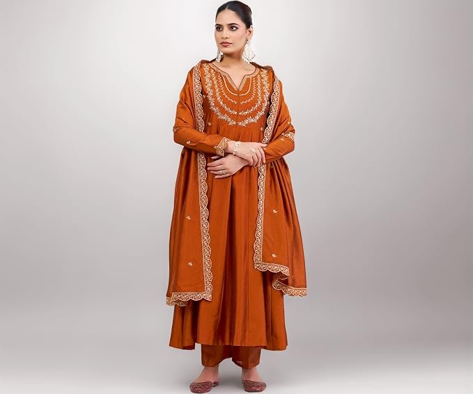 MOKOSH Women’s Silk Embroidery Anarkali Kurta Pant with Dupatta