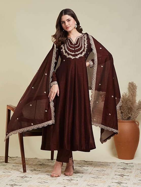 MOKOSH Women’s Silk Embroidery Anarkali Kurta Pant with Dupatta
