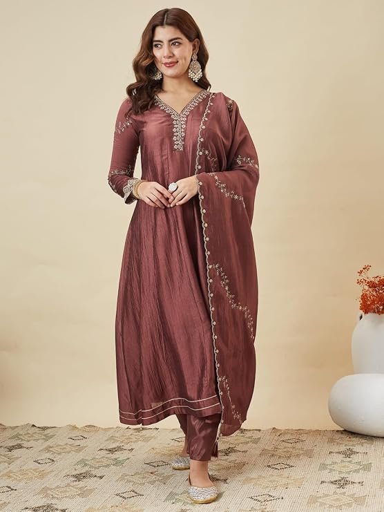 MOKOSH Women’s Silk Embroidery Anarkali Kurta Pant with Dupatta